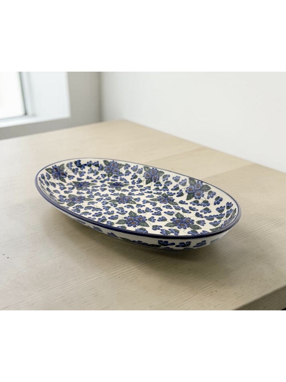 Polish Pottery Unikat Boleslawiec 14" Oval Serving Dish Blue Floral Signed